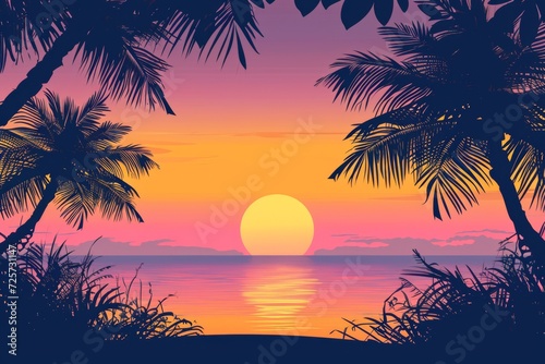 Tropical Beach Sunset with Silhouettes of Palm Trees