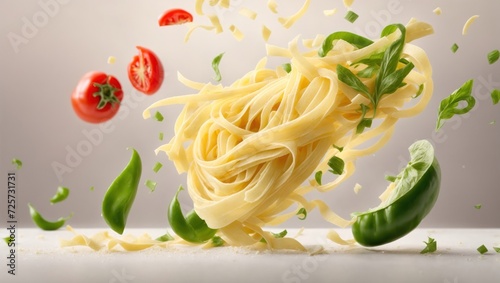 Pasta with tomato and bell pepper on table, minimal, adverising, Delicious food, Italian pasta