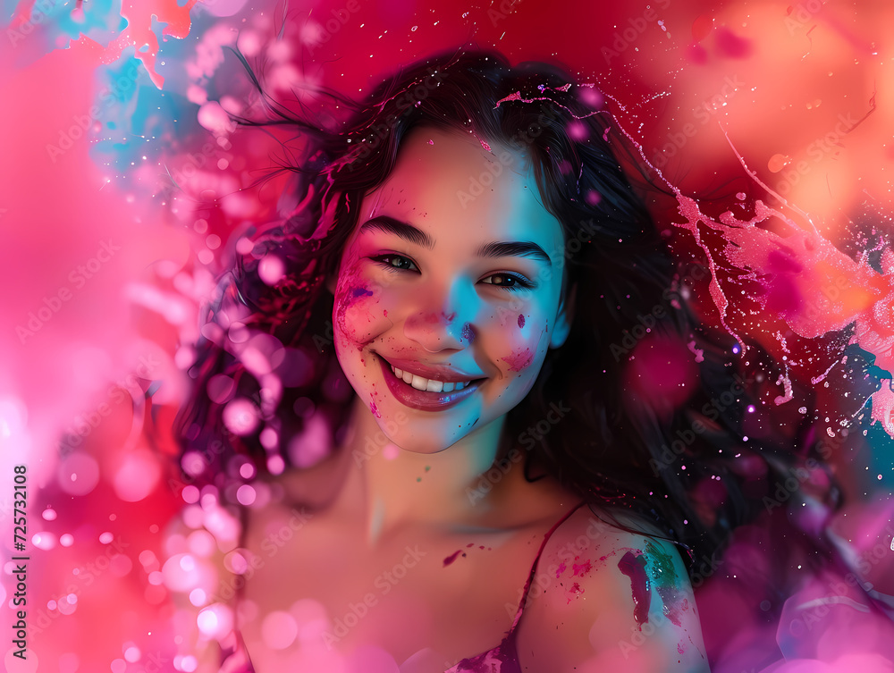 Smiling Woman Amid Colorful Paint Splatters: Fine Feather Details Style. Smiling Woman Amid Colorful Paint Splatters: Fine Feather Details Style.