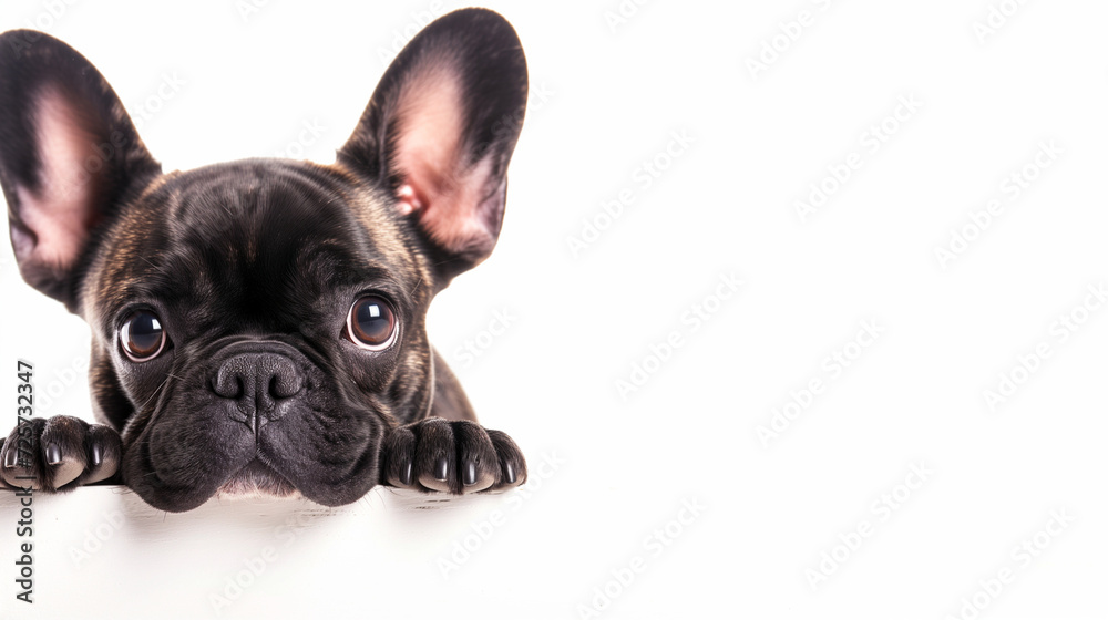French Bulldog peeking into the frame on a white background