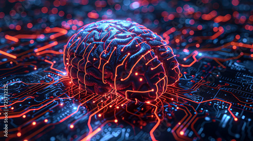 Digital Brain Concept with Network Connections.A visually striking representation of a digital brain with glowing neural network connections against a dark electronic circuit background.