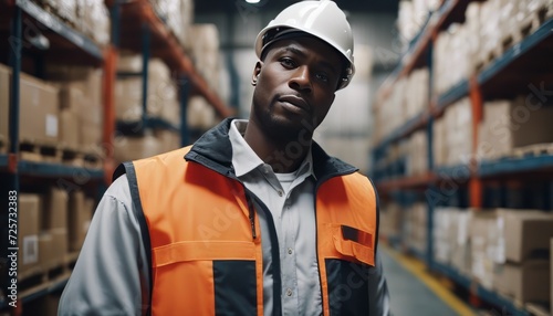 Portrait of African American worker in warehouse, International export business concept