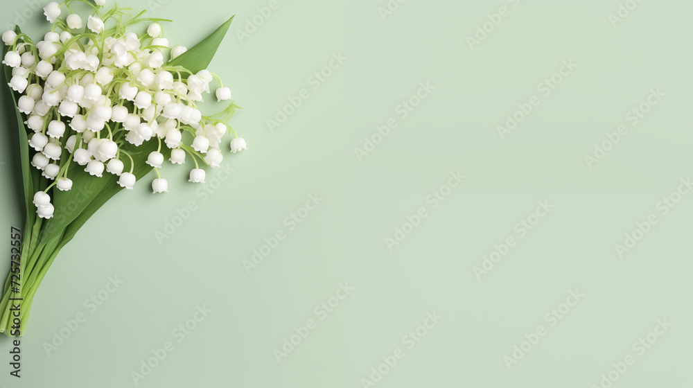 Kwiatowe zielone minimalistyczne tło na życzenia z okazji Dnia Kobiet, Dnia Matki, Dnia Babci, Urodzin czy pierwszego dnia wiosny. Szablon na baner lub mockup z gałązką przebiśniegów. - obrazy, fototapety, plakaty 
