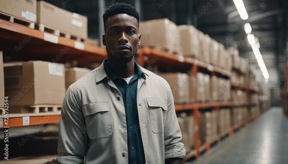 Portrait of African American worker in warehouse, International export business concept Portrait of African American worker in warehouse, International export business concept