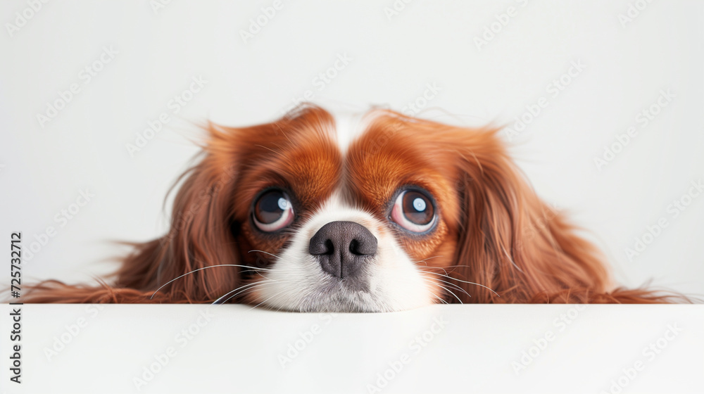 Cavalier King Charles Spaniel peeking into the frame on a white background