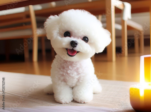 Adorable perrito blanco y feliz de la raza Bichon Frize, en un interior junto a una lámpara.