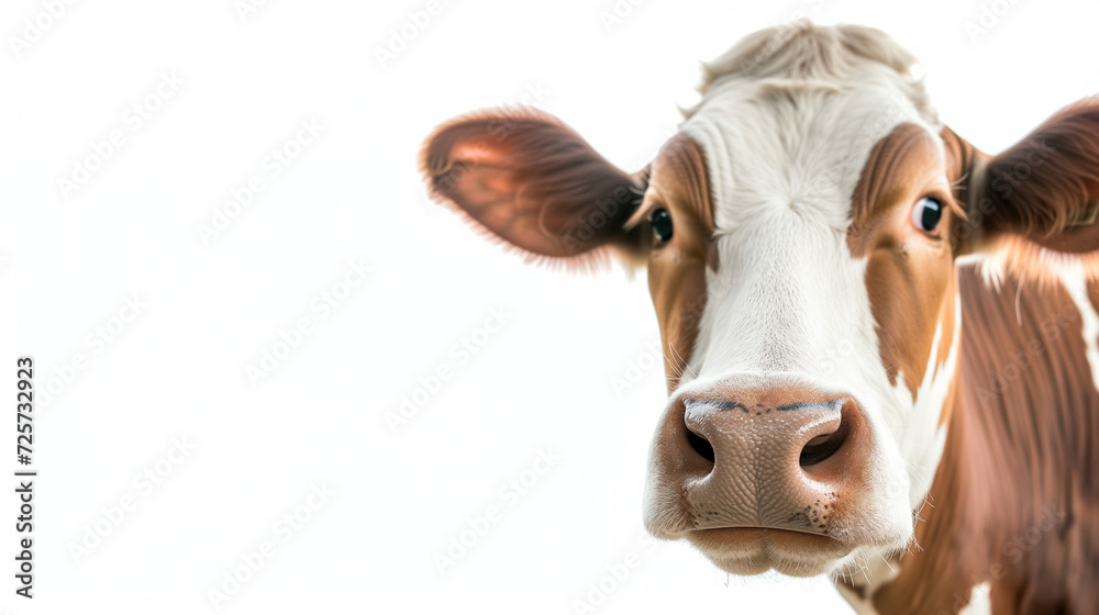 Cow peeking into the frame from the right on a white background