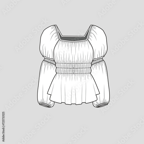 Smocked Shirred lantern sleeve top square neck puff long sleeve smocking detail elastic gatherings fashion top t shirt blouse clothing flat sketch technical drawing template design vector