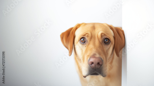 Labrador Retriever peeking into the frame on a white background