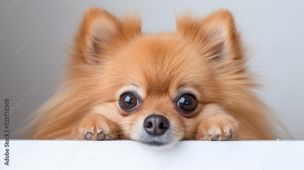 Pomeranian peeking into the frame on a white background