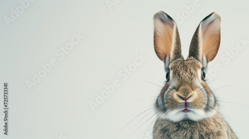 Rabbit peeking into the frame from the right on a white background © Nelson