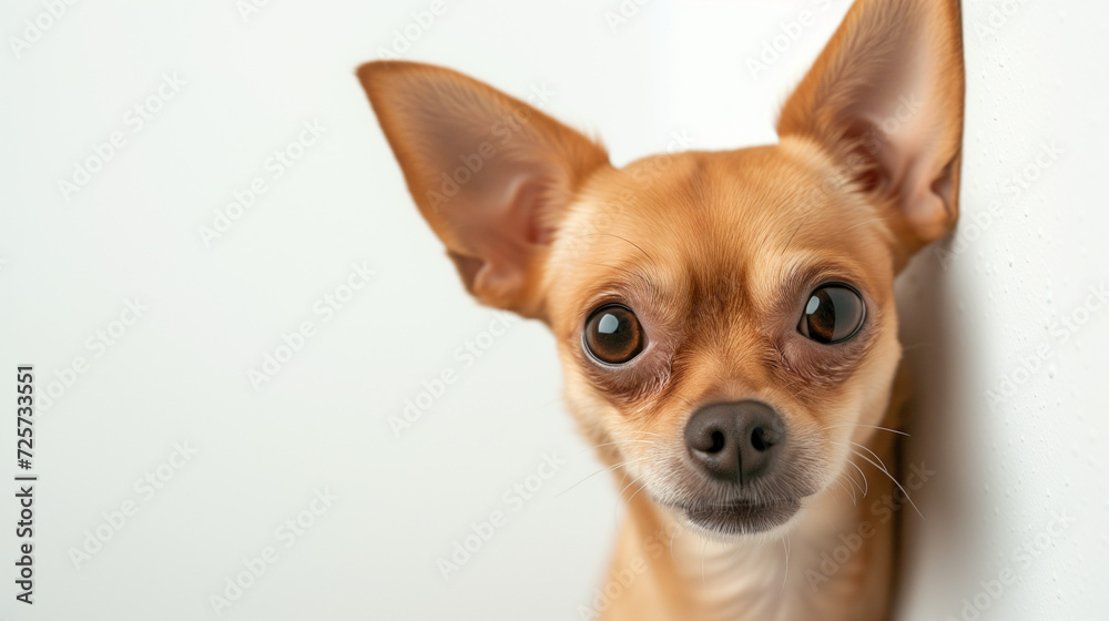 Chihuahua peeking into the frame on a white background 