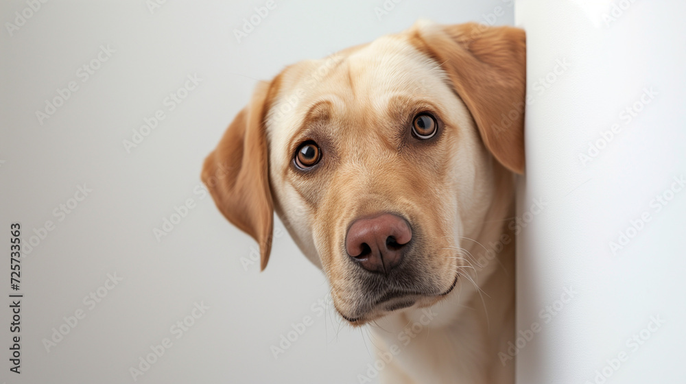 Labrador Retriever peeking into the frame on a white background 