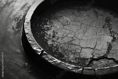 A black and white photo showcasing a cracked plate. This versatile image can be used for various themes and concepts