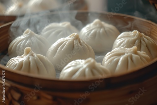 A wooden bowl filled with dumplings covered in a smoky haze. Perfect for food enthusiasts or restaurant menus