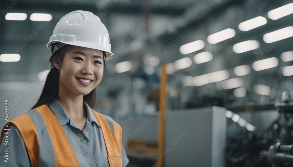 Portrait of a happy female asian factory worker wearing hard hat and work clothes Portrait of a happy female asian factory worker wearing hard hat and work clothes