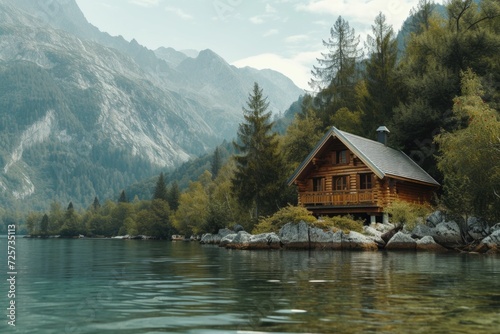 A cabin sitting on the shore of a serene mountain lake. Ideal for nature and travel related designs
