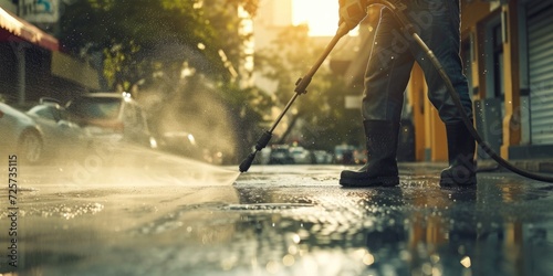 A person uses a hose to clean a street. Ideal for illustrating street maintenance and cleaning tasks photo