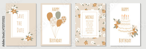 Set of lovely birthday cards design with cake, balloons and typography design in beige. Abstract universal artistic templates. For poster, business card, invitation, flyer, banner, email header