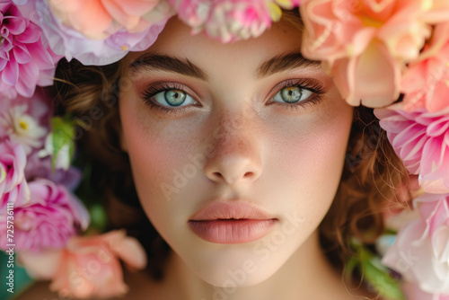 A young  beautiful woman with a flower crown  radiant skin  and vibrant makeup