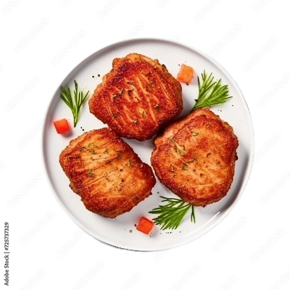 juicy delicious meat cutlets on a dark table isolated on white.
