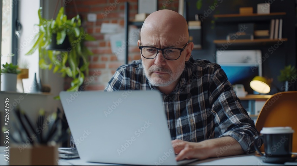 A man sitting at a desk using a laptop computer. Perfect for illustrating technology, remote work, or productivity A man sitting at a desk using a laptop computer. Perfect for illustrating technology, remote work, or productivity
