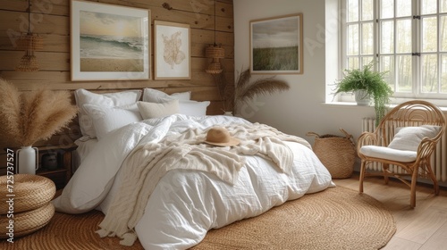 A calm bedroom decorated with wood and natural fabrics, decorated with a comfortable bed, a cozy armchair, a picturesque window and a gallery of wall paintings