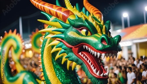 A realistic photo of a float representing a dragon from the samba school at the Carnival in Rio de Janeiro.