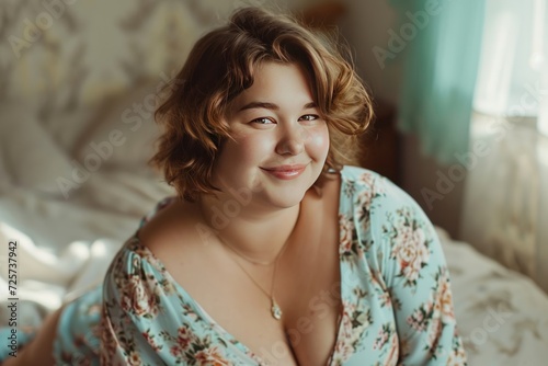 Happy and cheerful fat woman in bedroom looking at camera Concepts of health care, diet and happiness of obese people. photo