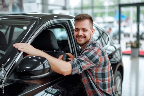 Male Customer Buyer A customer wearing a shirt opens the door and enters the car. A customer wants to buy a new car in a modern car showroom.