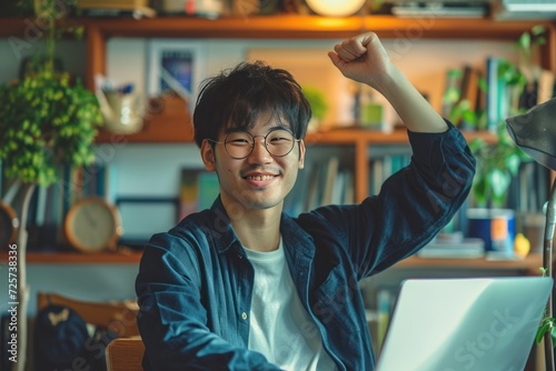 Asian creative designer raises arms in front of laptop computer on table photo