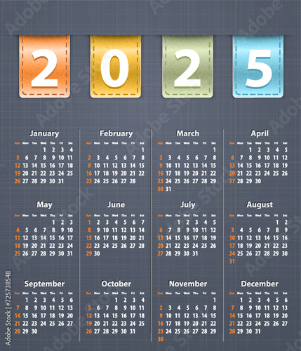Stylish calendar for 2025 on linen texture with color leather insertions. Business objecct. Vector illustration
