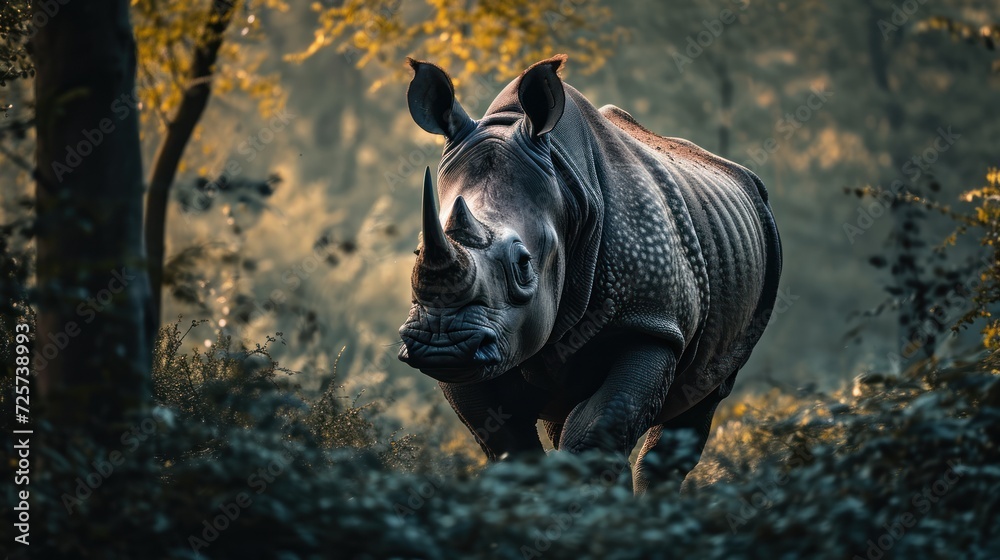 Fototapeta premium Rhino in the forest looking at the camera