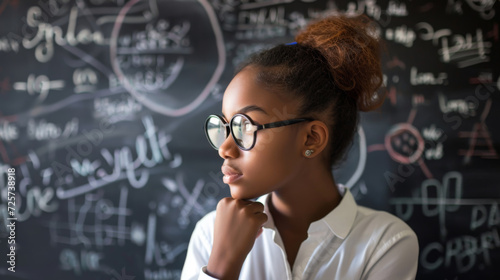 thoughtful young student standing in front of a blackboard filled with complex scientific formulas