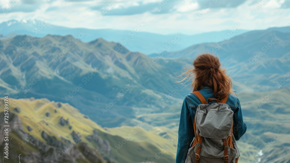 The girl walks in the mountains and admires the beautiful views. The girl walks in the mountains and admires the beautiful views.