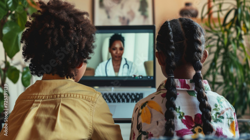 two children are watching a television where a female doctor