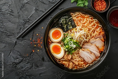 Top view of ramen noodles in bowl on black background.