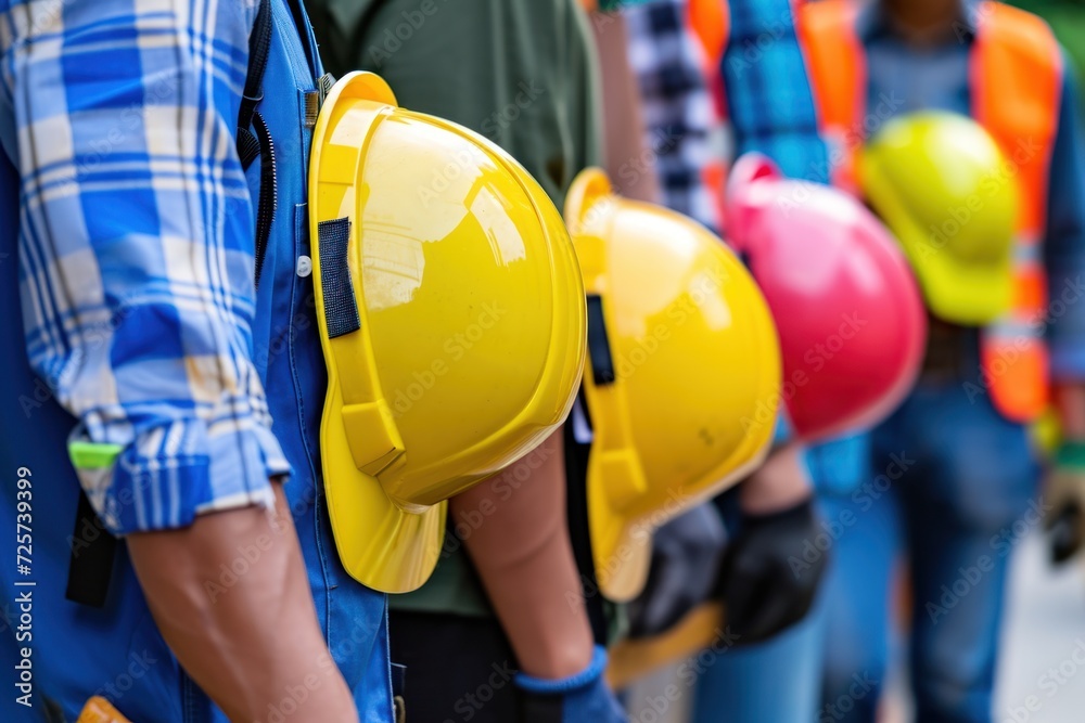 Teamwork of engineers holding hats standing in a line working on a job site. Teamwork of engineers holding hats standing in a line working on a job site.