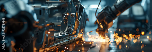A mechanical arm welds a car frame in a factory. photo