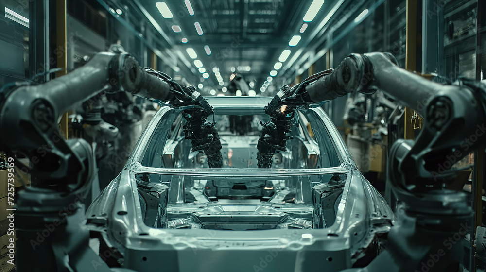 Fototapeta premium A mechanical arm welds a car frame in a factory.