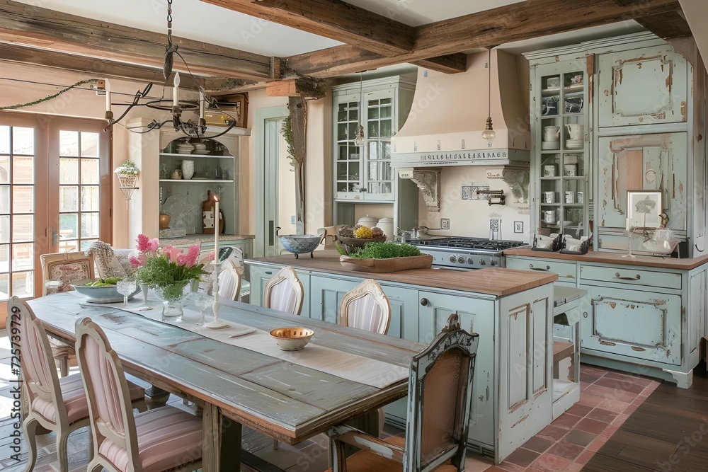 Charming French Country Kitchen: Rustic Elegance, Antique Furnishings, and a Soft Pastel Color Palette.