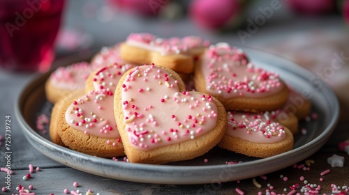 Valentine's Day Cookies, Heart-shaped cookies decorated with icing and sprinkles, arranged on a festive plate for a sweet treat.