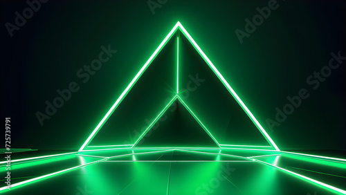 render abstract green neon background with triangular shape laser rays and glowing lines. futuristic Technology neon background, cyberspace, digital business background