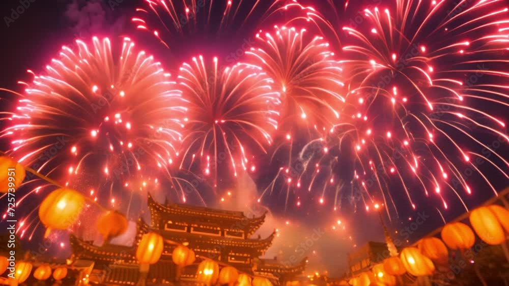 Video Stock Fireworks Chinese New Year above temple. Lunar New Year
