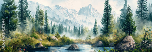 Watercolor paintings of nature  forests  mountains  waterways.