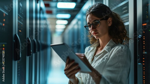 Female expert or technician uses digital tablet to check in server room
