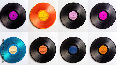 top view Collection of various color vinyl records. Isolated on white background photo