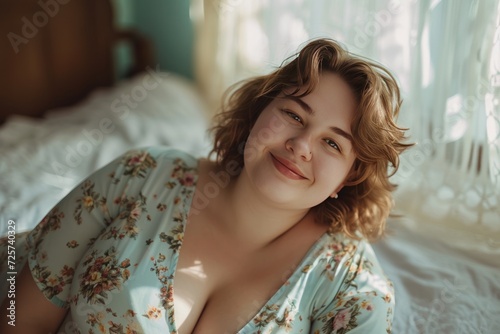 Healthy, happy and cheerful fat woman in bedroom looking at camera