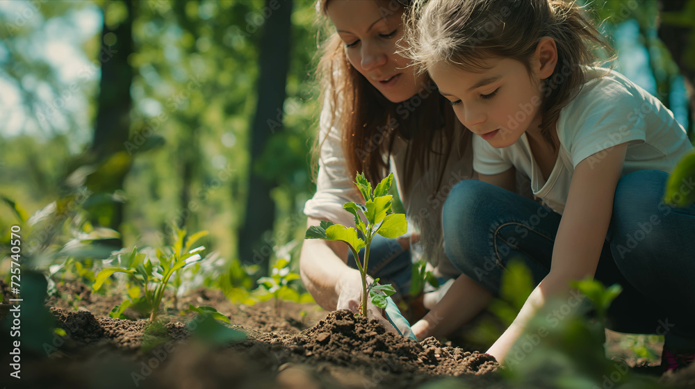 Caucasian mother and daughter planting trees in the forest. - obrazy, fototapety, plakaty 