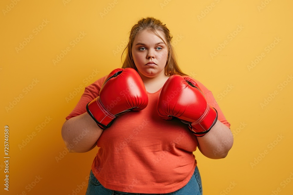 Fat girl wearing red boxing gloves on yellow background. Fat women exercise, take care of their health, lose weight. Fat girl wearing red boxing gloves on yellow background. Fat women exercise, take care of their health, lose weight.